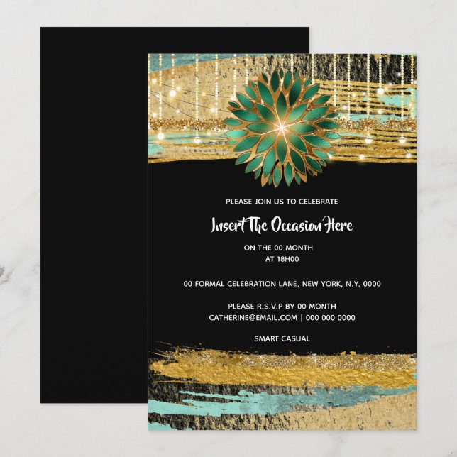 Invitation Soirée d'anniversaire turquoise en or noir floral  (Devant / Derrière)