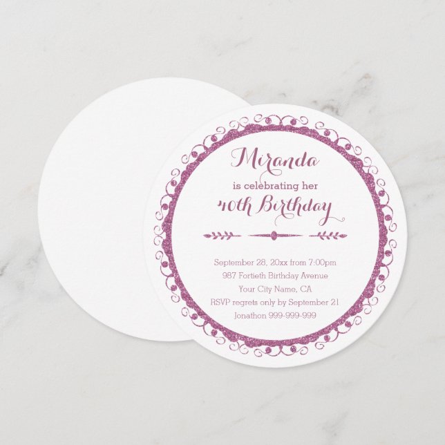 Invitation Soirée de 40e anniversaire avec cadre rose élégant (Devant / Derrière)