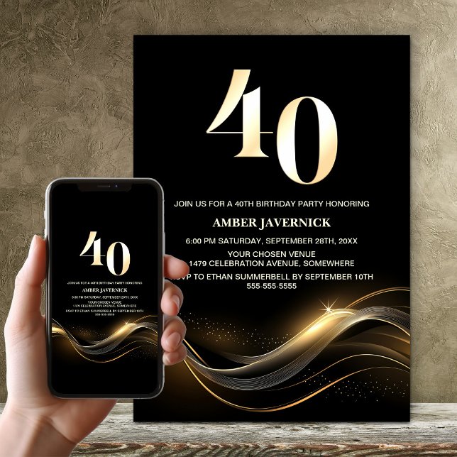 Invitation Soirée de 40e anniversaire de Black and Gold (Créateur téléchargé)