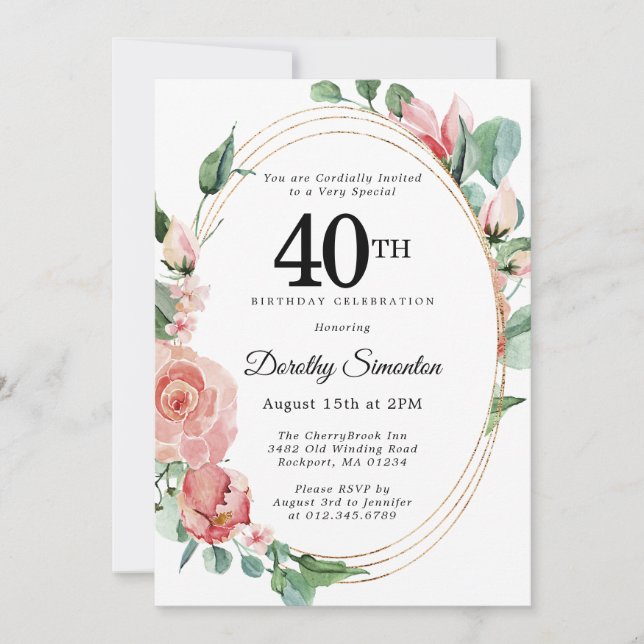 Invitation Soirée de 40e anniversaire élégante rose florale (Devant)