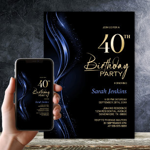 Invitation Soirée de 40e anniversaire en noir et bleu élégant