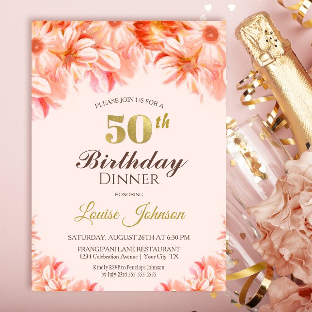 Invitation Soirée de 50e anniversaire Blush Pink Gold Floral (Créateur téléchargé)
