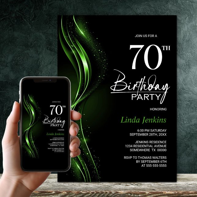 Invitation Soirée de 70e anniversaire noir et vert élégant (Créateur téléchargé)
