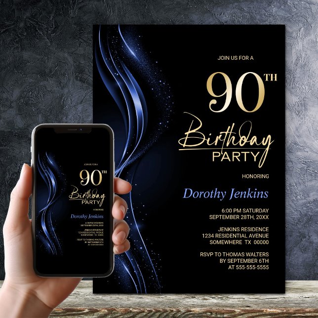 Invitation Soirée de 90e anniversaire en noir et bleu élégant (Créateur téléchargé)
