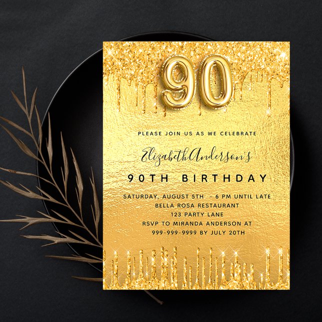 Invitation Soirée de 90e anniversaire parties scintillant or  (Créateur téléchargé)