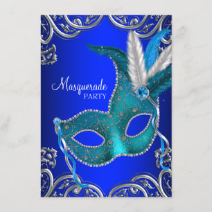 Invitation Soirée de bal masqué bleu royal et bleu sarcelle