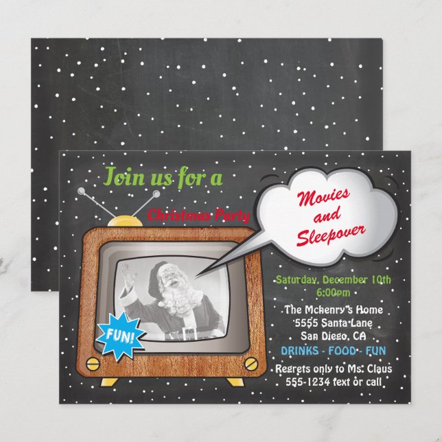 Invitation Soirée de cinéma de Noël Retro TV Party (Devant / Derrière)