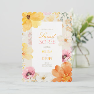 Invitation Soirée de Coucher de Soleil Élégant Floral Orange,