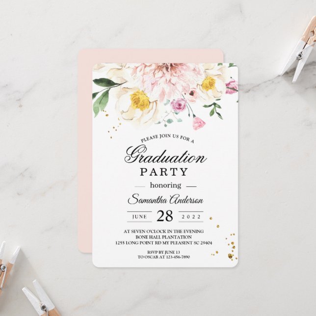 Invitation Soirée de graduation florale rose élégant (Devant/Arrière en situation)