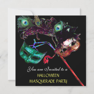 Invitation SOIRÉE DE HALLOWEEN EN MASQUE, Noir blanc bleu