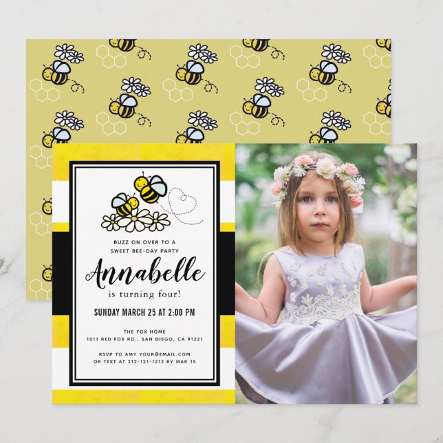 Invitation Soirée de la fête des abeilles mignonne Jaune Phot (Devant / Derrière)