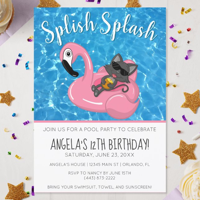 Invitation Soirée de l'Anniversaire de enfant Flamant rose de (Cute Cat Flamingo Kids Birthday Pool Party Invitation)