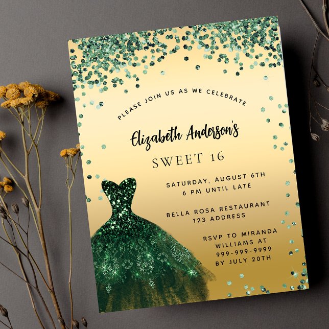 Invitation Soirée de luxe Sweet 16 vert émeraude (Créateur téléchargé)
