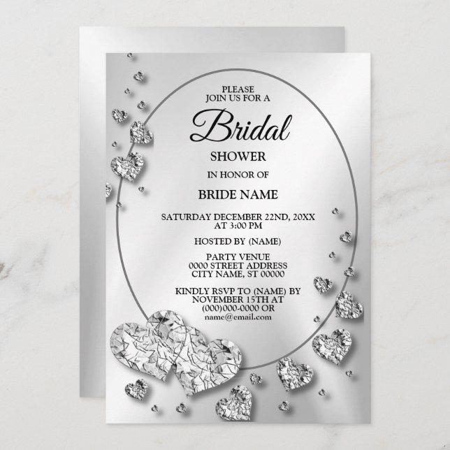 Invitation Soirée de mariée Silver Grey Coeurs brillants Élég (Devant / Derrière)