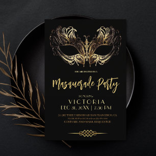 Invitation Soirée de Mascarade Luxe Noir Or Anniversaire