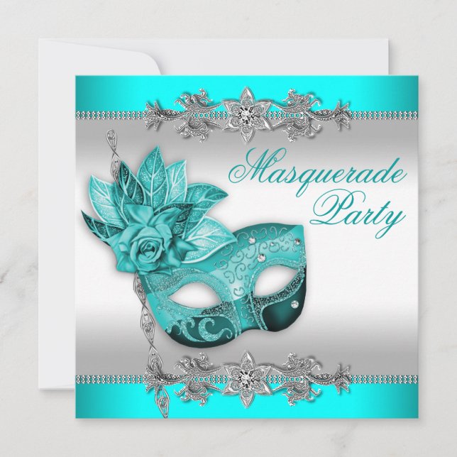 Invitation Soirée de Mascarade Turquoise Bleu Argenté (Devant)