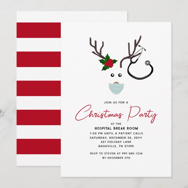 Invitation Soirée de Noël à l'Hôpital mignon Red Reindeer (Devant / Derrière)