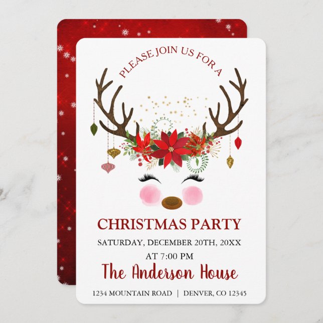 Invitation Soirée de Noël à Reindeer (Devant / Derrière)