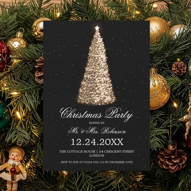 Invitation Soirée de Noël Arbre d'or noir (Elegant Gold Tree Christmas Party Black Invitation)