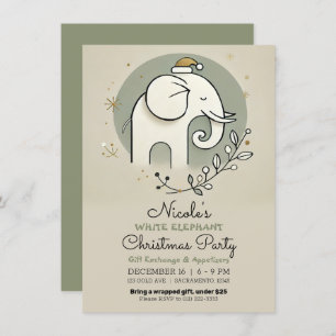 Invitation Soirée de Noël Beige Vert Or Blanc Eléphant