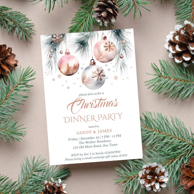 Invitation Soirée de Noël boho aquarelle métallique (Boho Christmas dinner party template invitation instant download rose gold metallic silver snowflake)