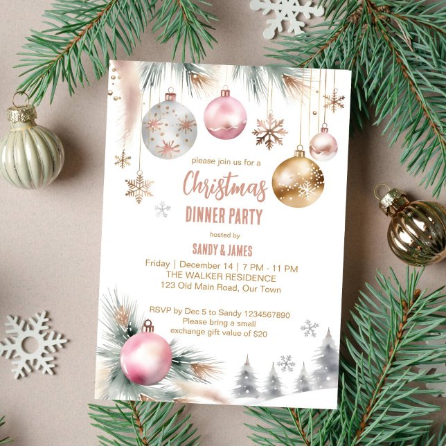 Invitation Soirée de Noël boho aquarelle métallique (Boho Christmas dinner party template invitation metallic rose gold silver snowy pines modern waterco)