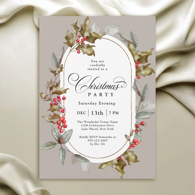 Invitation Soirée de Noël botanique Elegant Holly et Berry (Available In both printed and instant download digital formats.)