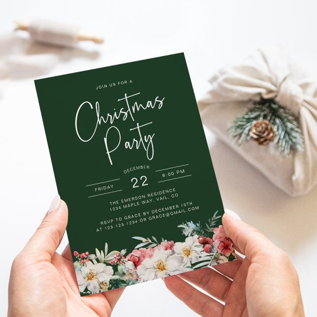 Invitation Soirée de Noël botanique verte (Elegant Green Christmas Party Holiday Invitation Watercolor Berries Botanical Florals)