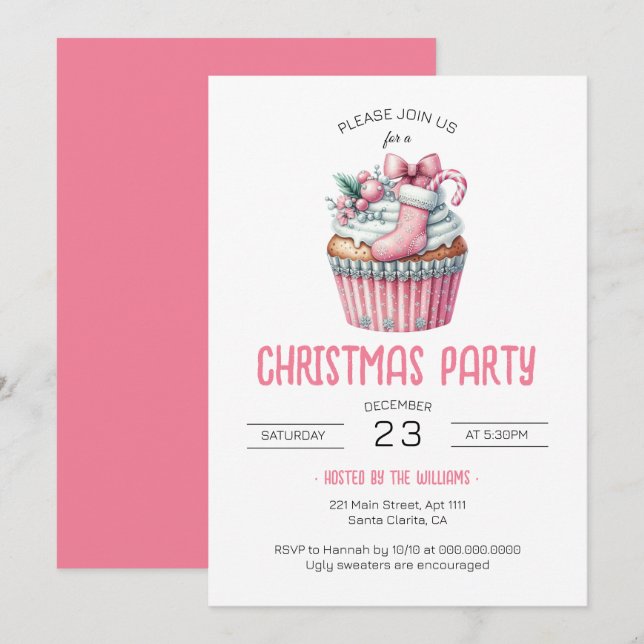 Invitation Soirée de Noël Coquette Pink Cupcake (Devant / Derrière)