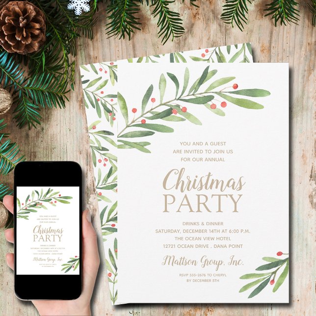 Invitation Soirée de Noël dans un cadre verdoyant (Elegant Greenery Christmas Holiday Invitations - INSTANT DOWNLOAD and/or PRINTED)