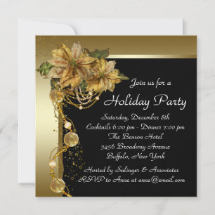 Invitation Soirée de Noël de l'Élégante Gold Poinsettia