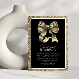 Invitation Soirée de Noël Elegant Black and Gold Bow