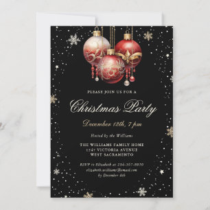Invitation Soirée de Noël Elégant Black Gold Red Ornamers