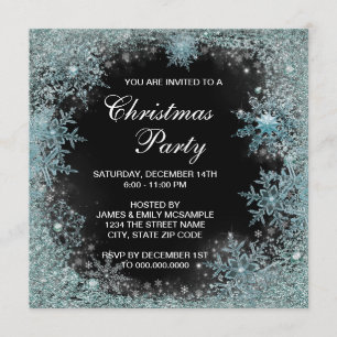Invitation Soirée de Noël Elegant Black Turquoise Blue Snowfl