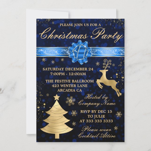 Invitation Soirée de Noël Elegant Blue & Gold Foil (Devant)