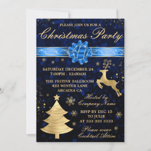 Invitation Soirée de Noël Elegant Blue & Gold Foil