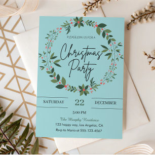 Invitation Soirée de Noël Elegant Blue Wreath