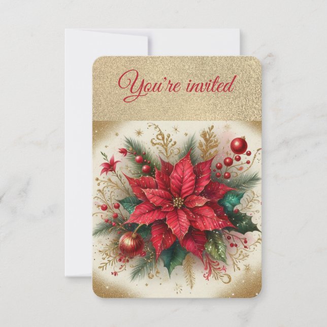 Invitation Soirée de Noël Elegant Gold et Red Poinsettia (Devant)