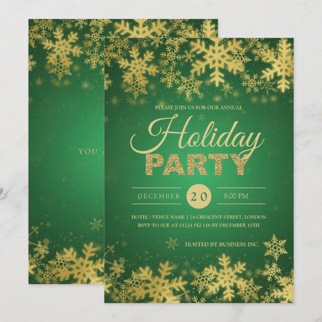 Invitation Soirée de Noël Elegant Gold & Green Corporate (Devant / Derrière)