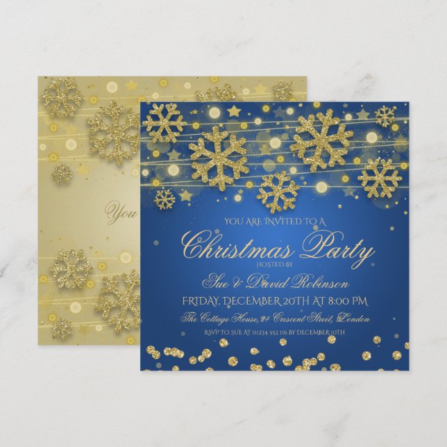 Invitation Soirée de Noël Elegant Gold & Navy (Devant / Derrière)