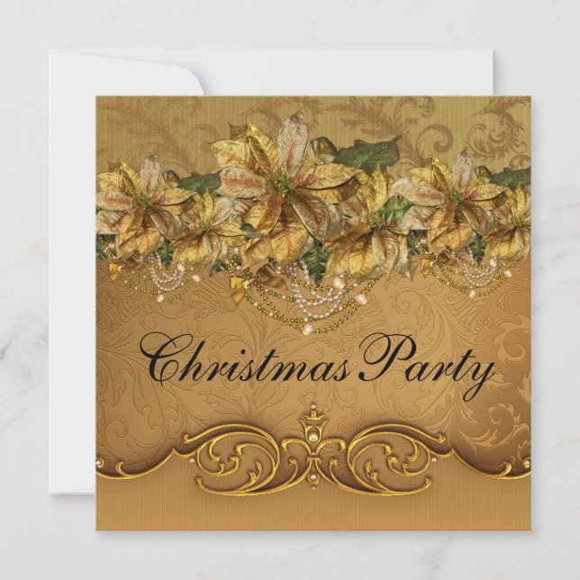 Invitation Soirée de Noël Elegant Gold Poinsettia (Devant)