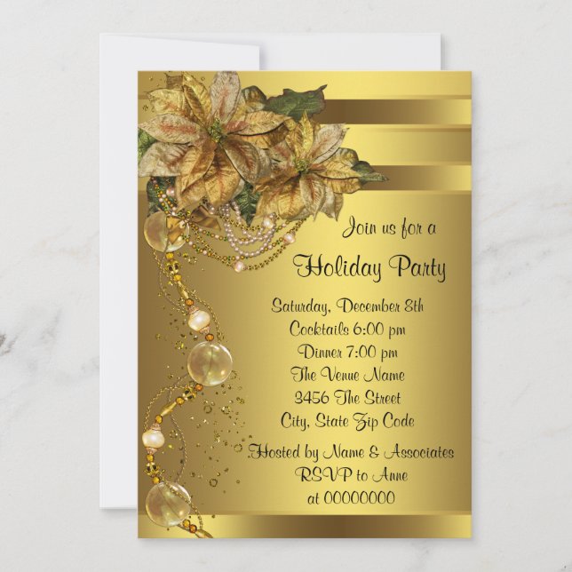 Invitation Soirée de Noël Elegant Gold Poinsettia (Devant)