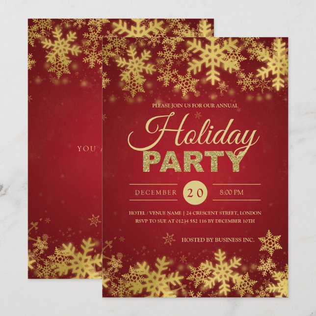 Invitation Soirée de Noël Elegant Gold & Red Corporate (Devant / Derrière)