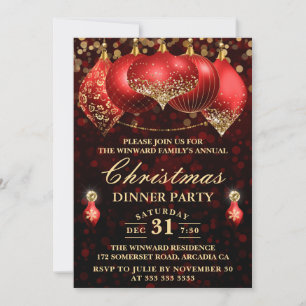 Invitation Soirée de Noël Elegant Red & Gold Baubles