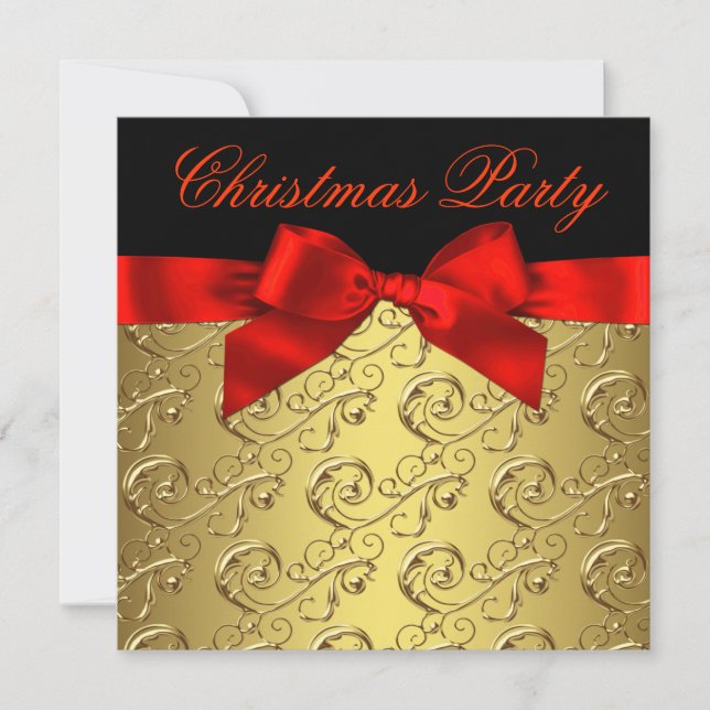 Invitation Soirée de Noël Elegant Red Gold Swirl Bow (Devant)