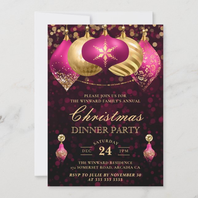 Invitation Soirée de Noël Elegant Rose & Gold Baubles (Devant)
