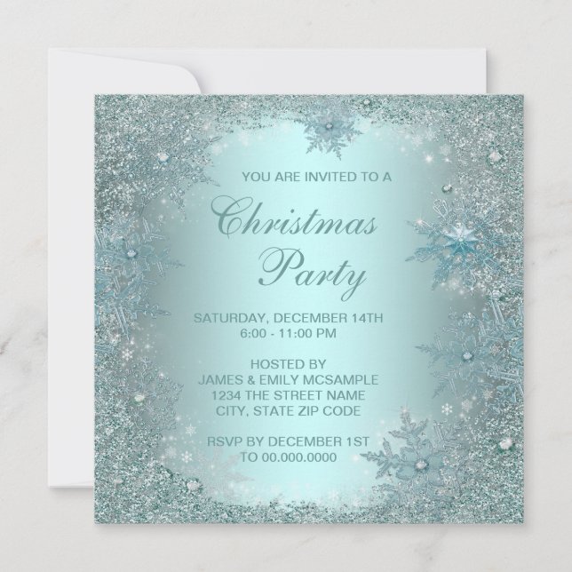 Invitation Soirée de Noël Elegant Silver Turquoise Blue Snowf (Devant)