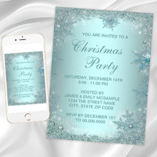 Invitation Soirée de Noël Elegant Silver Turquoise Blue Snowf