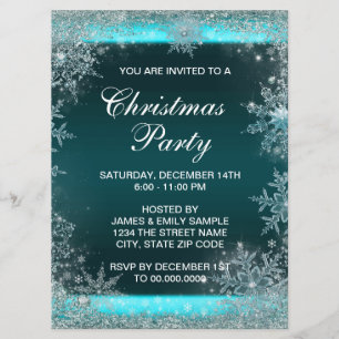 Invitation Soirée de Noël Elegant Turquoise Blue Snowflake
