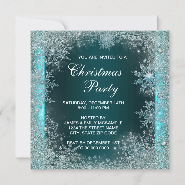 Invitation Soirée de Noël Elegant Turquoise Blue Snowflake (Devant)